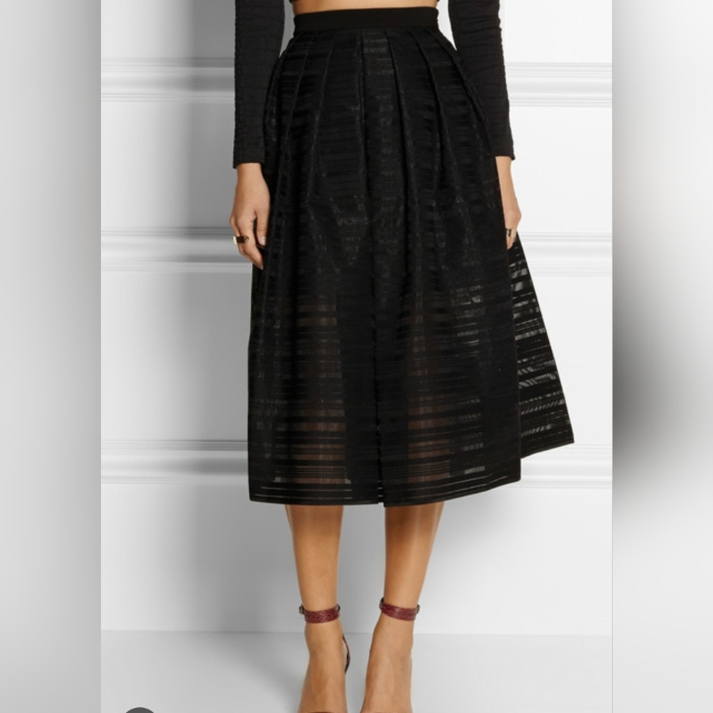 Tibi Skirt Size 6 Black Midi Organza Pleated Lined High Waist Zipper At Side